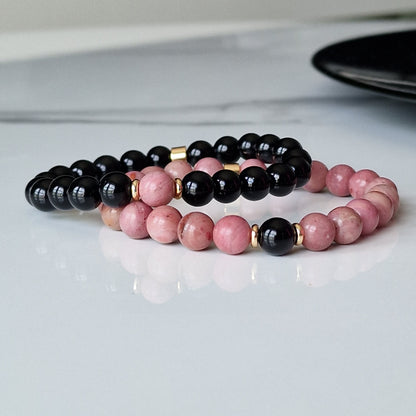 Natural Black Onyx And Rhodonite Crystal Couple Bracelets
