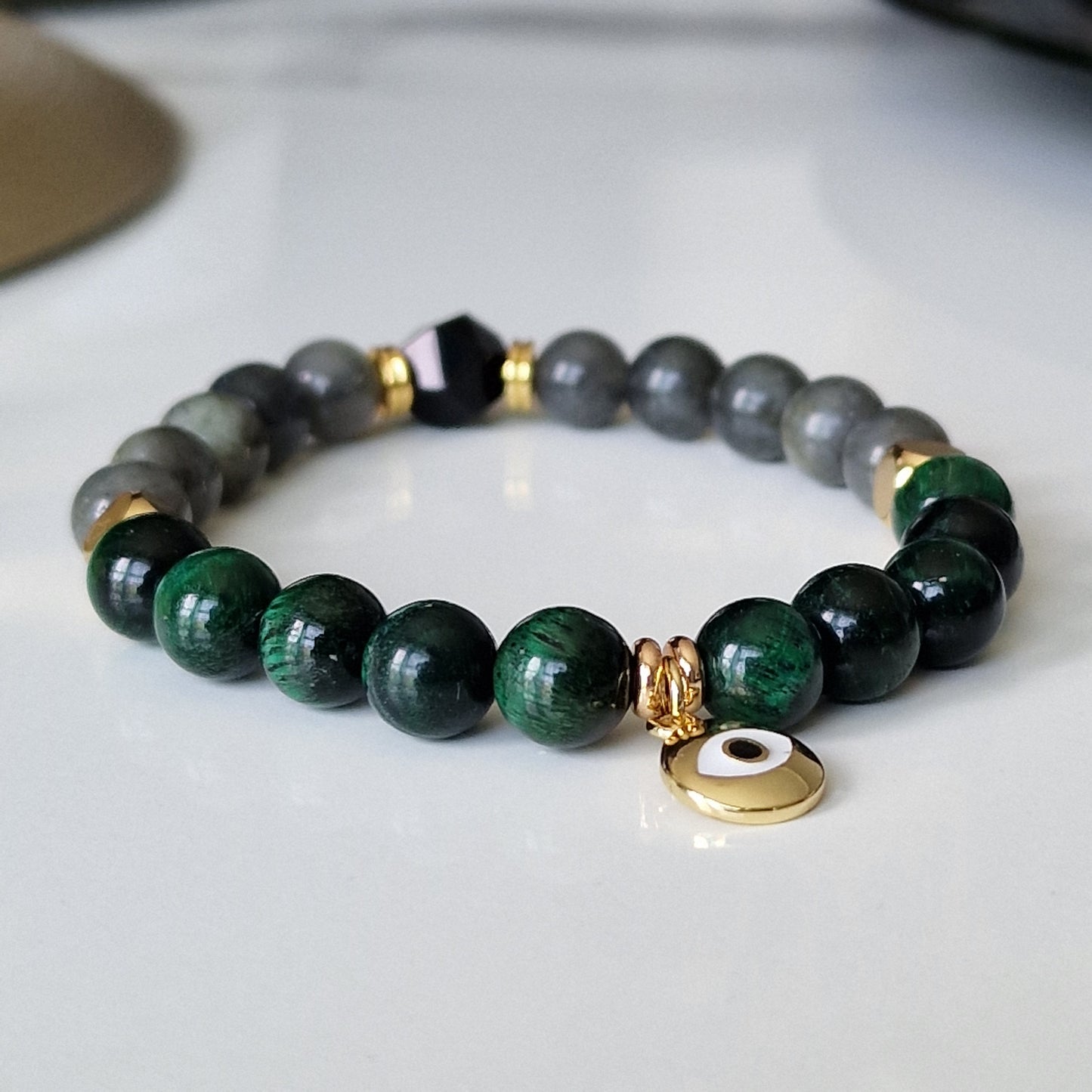 Labradorite, Green Tiger Eye And Black Onyx Beaded Crystal Bracelet