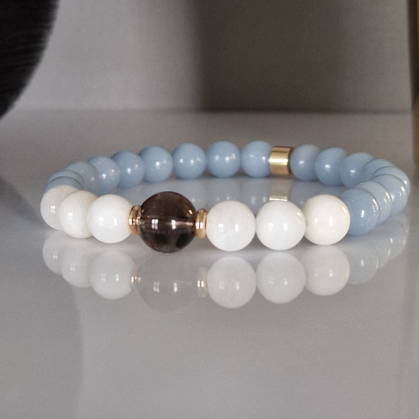 Natural Angelite Moonstone And Smoky Quartz Crystal Bracelet