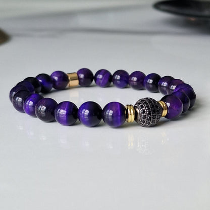 Natural Tiger Eye Crystal Healing Bracelet With Cubic Zirconia