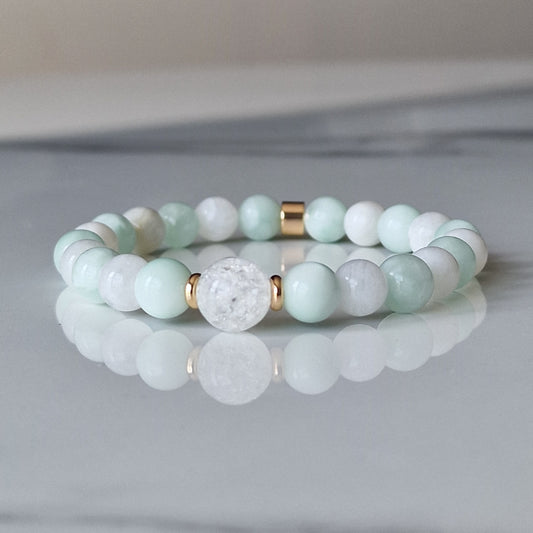 Aqua Blue Obsidian Moonstone And Crackle Quartz Crystal Bracelet