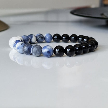 Natural Sodalite, Black Onyx And Crackle Quartz Crystal Bracelet