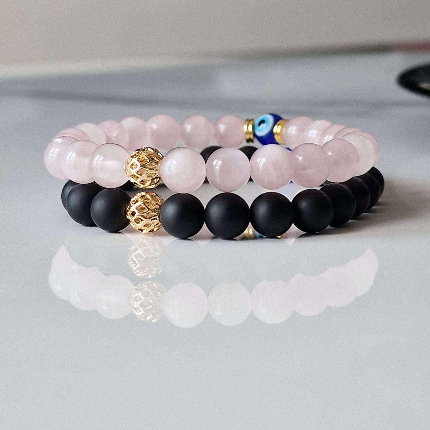 Natural Rose Quartz And Agate Crystal Healing Distance Bracelet