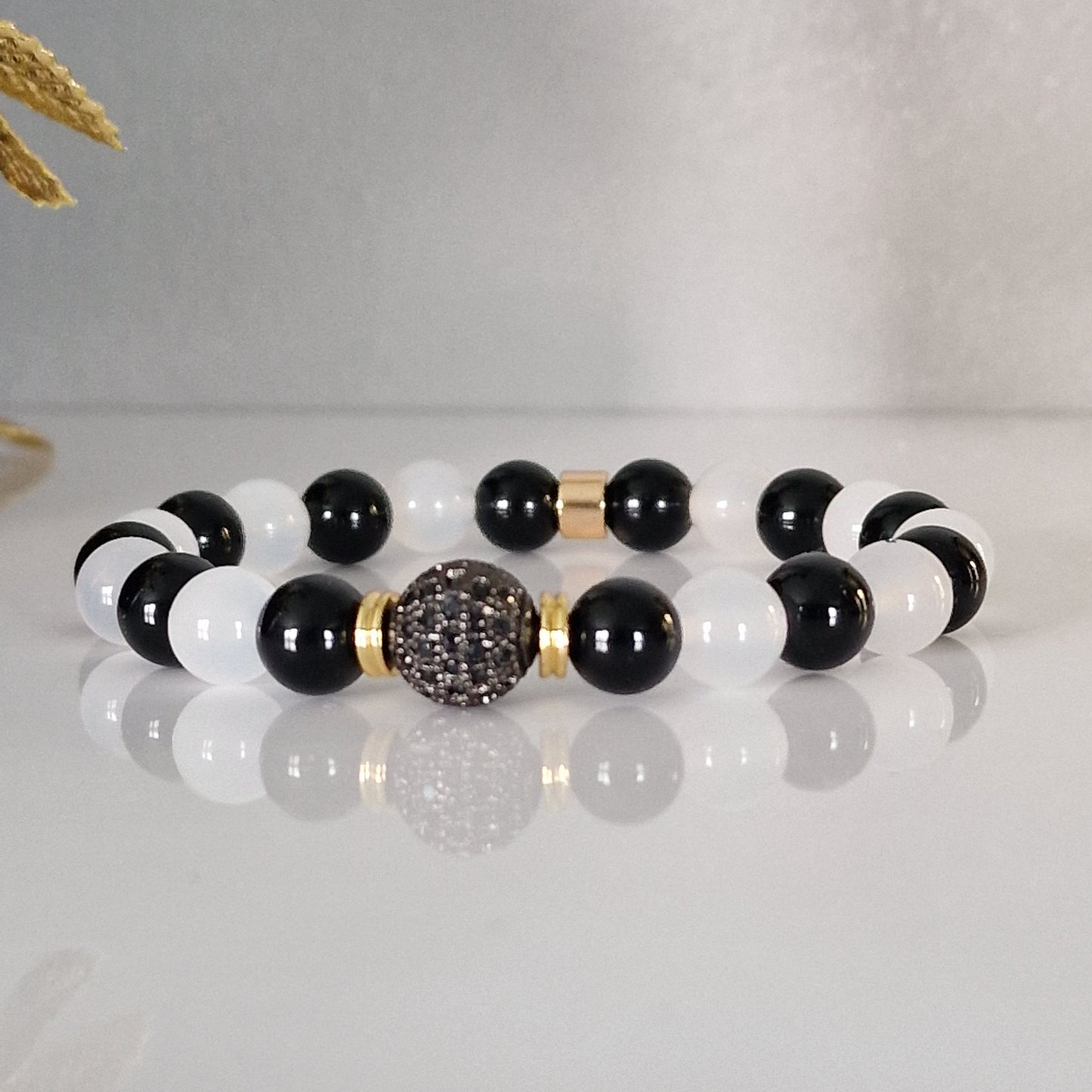 Natural Black Onyx & Agate Crystal Beaded Bracelet