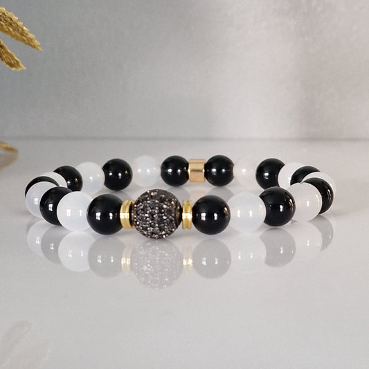 Natural Black Onyx & Agate Crystal Beaded Bracelet