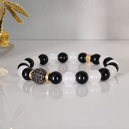 Natural Black Onyx & Agate Crystal Beaded Bracelet