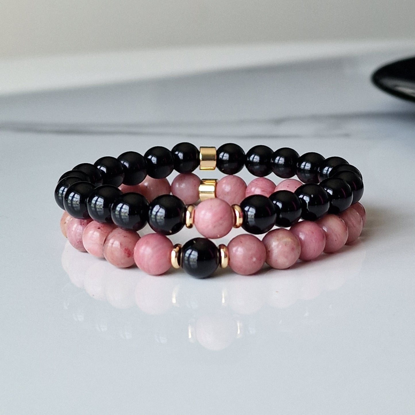 Natural Black Onyx And Rhodonite Crystal Couple Bracelets
