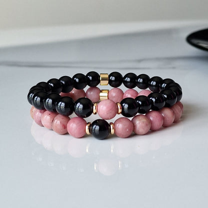 Natural Black Onyx And Rhodonite Crystal Couple Bracelets