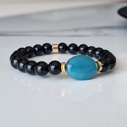 Natural Black Onyx Beaded Bracelet With Blue Agate