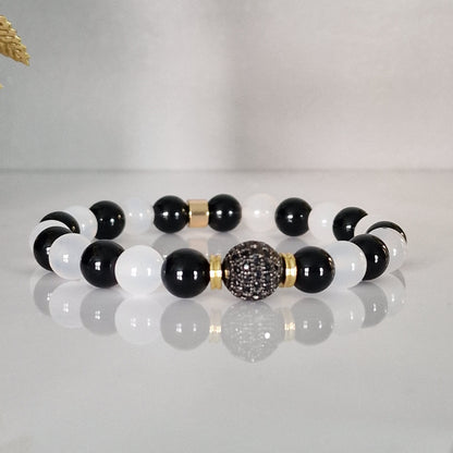 Natural Black Onyx & Agate Crystal Beaded Bracelet