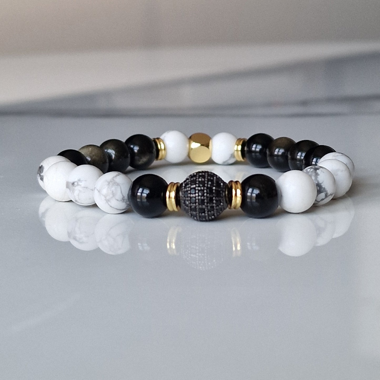 Howlite And Golden Sheen Obsidian Beaded Crystal Bracelet