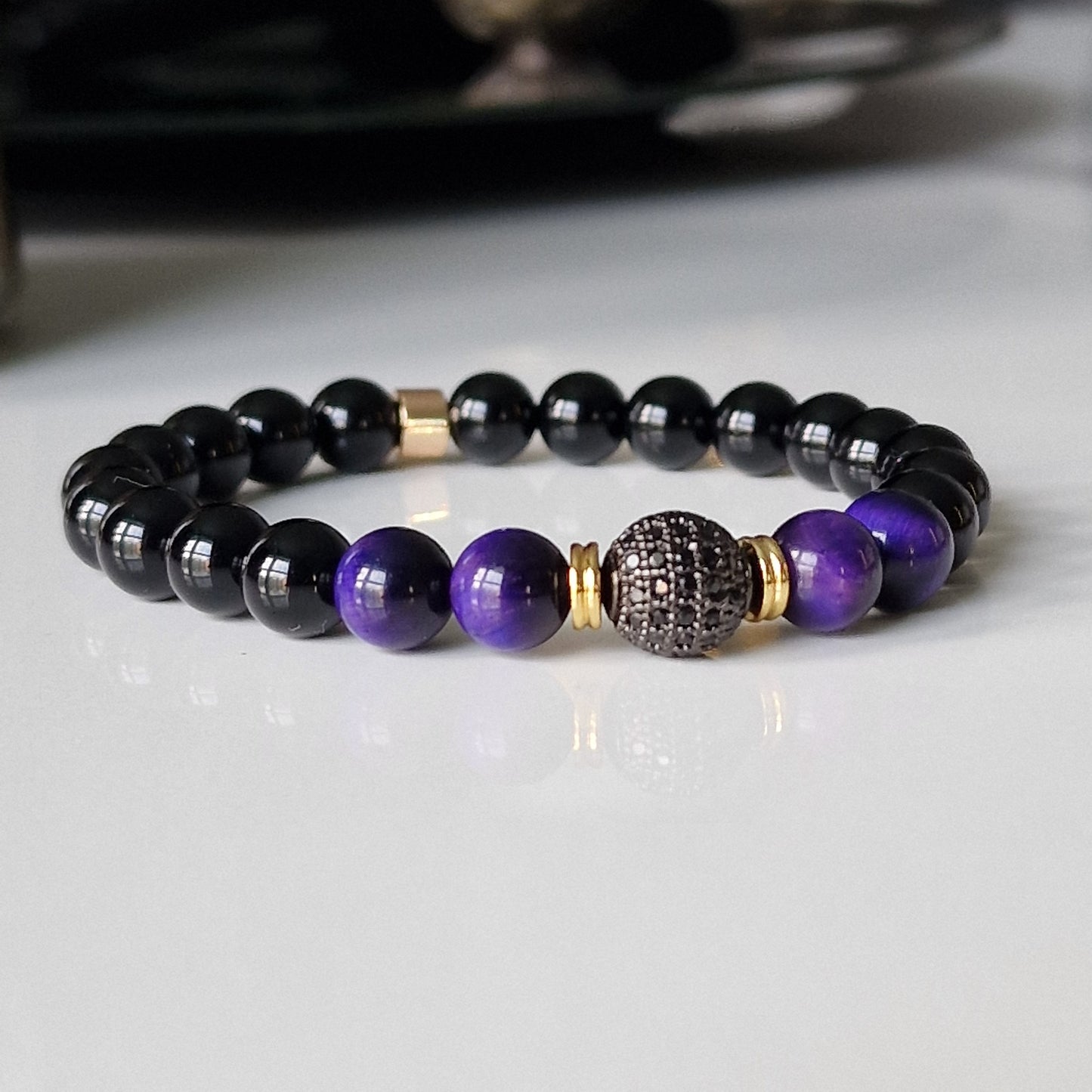Black Onyx & Tiger Eye Crystal Bracelet With Cubic Zirconia