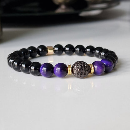 Black Onyx & Tiger Eye Crystal Bracelet With Cubic Zirconia