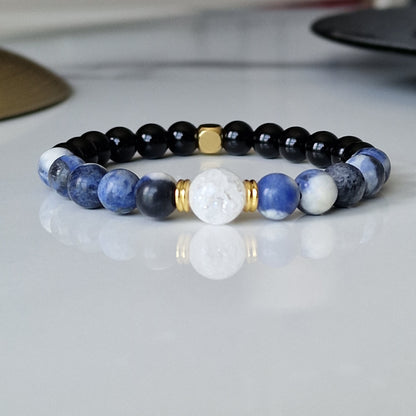 Natural Sodalite, Black Onyx And Crackle Quartz Crystal Bracelet