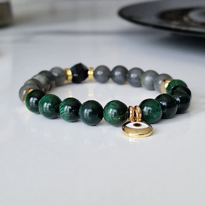 Labradorite, Green Tiger Eye And Black Onyx Beaded Crystal Bracelet