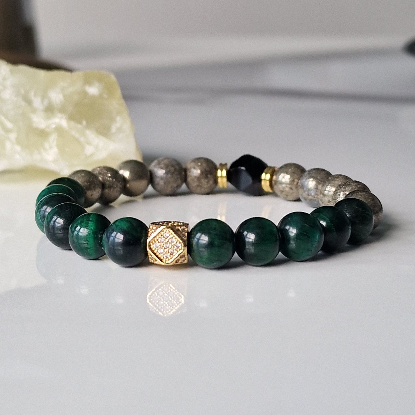 Natural Tiger Eye Black Onyx And Pyrite Crystal Healing Bracelet