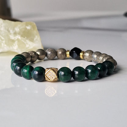 Natural Tiger Eye Black Onyx And Pyrite Crystal Healing Bracelet