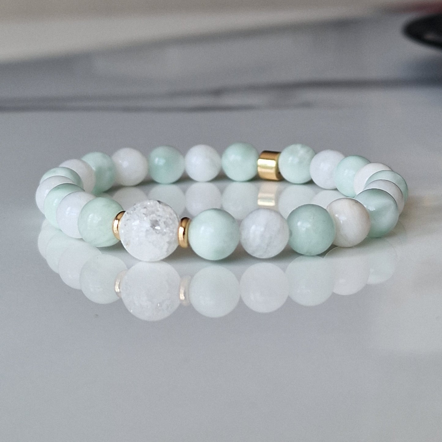 Aqua Blue Obsidian Moonstone And Crackle Quartz Crystal Bracelet