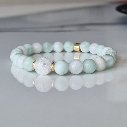 Aqua Blue Obsidian Moonstone And Crackle Quartz Crystal Bracelet