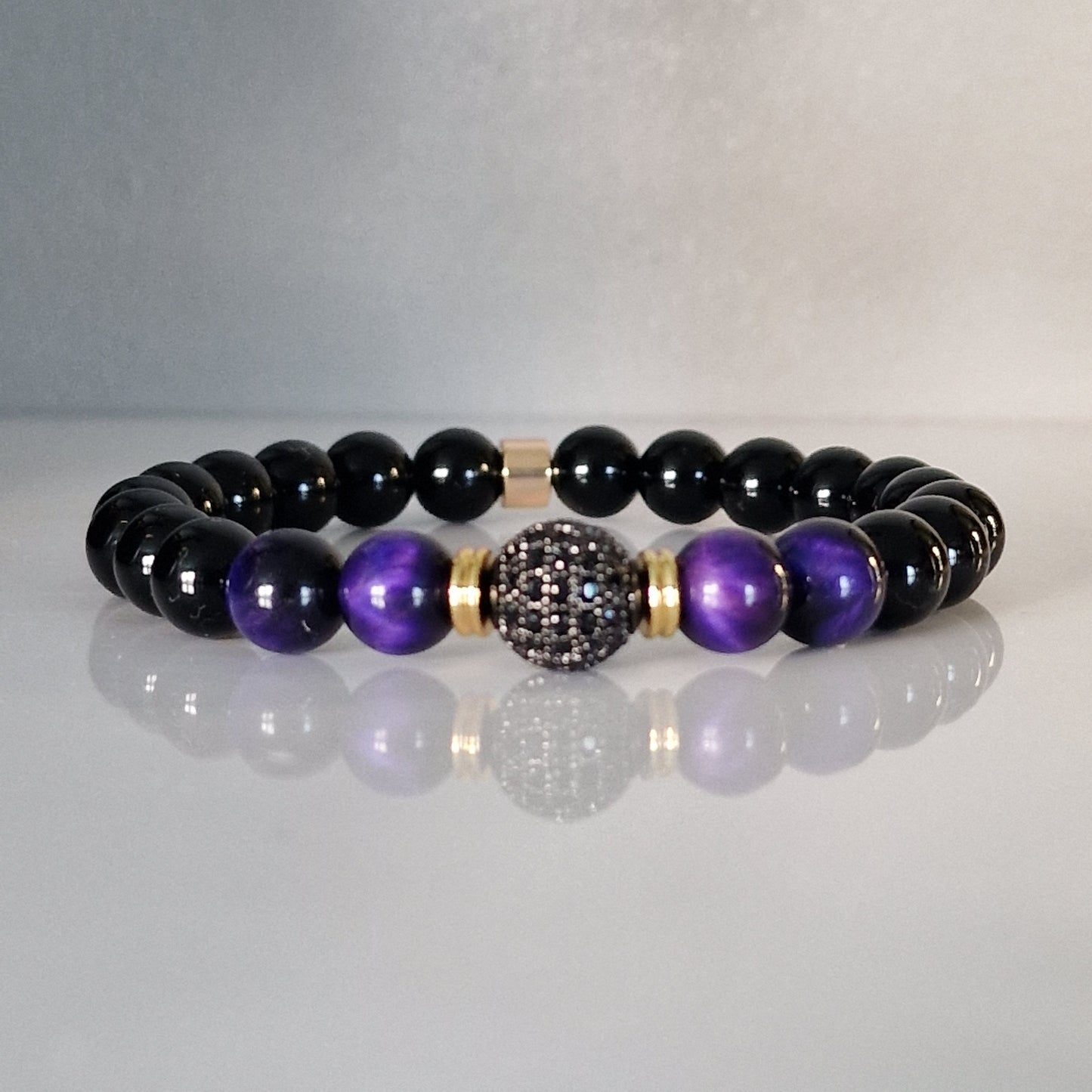 Black Onyx & Tiger Eye Crystal Bracelet With Cubic Zirconia