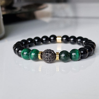 Black Onyx & Tiger Eye Crystal Bracelet With Cubic Zirconia